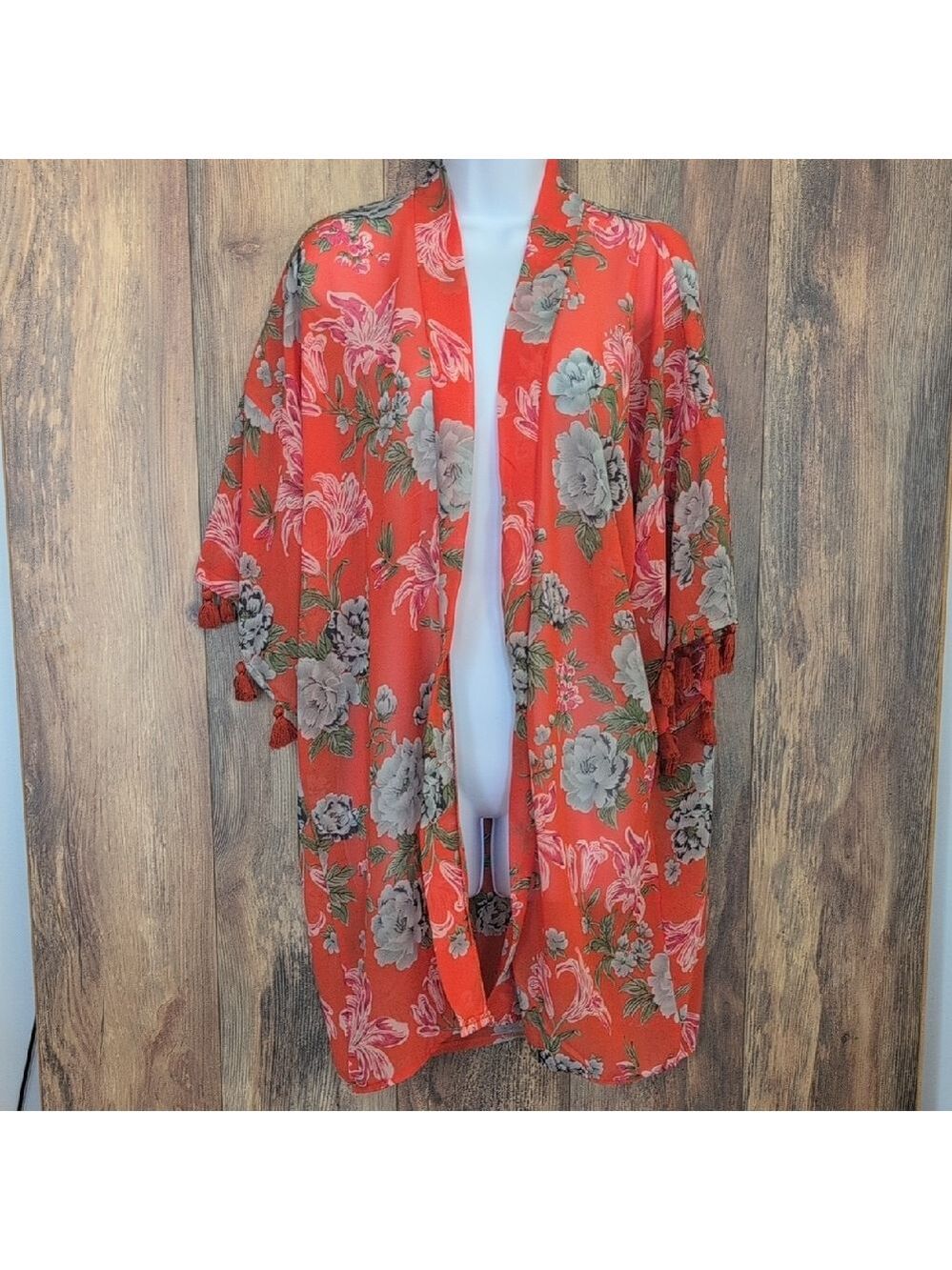 Coral Floral Kimono Sleeve Blouse Cardigan with Tassels OS V140